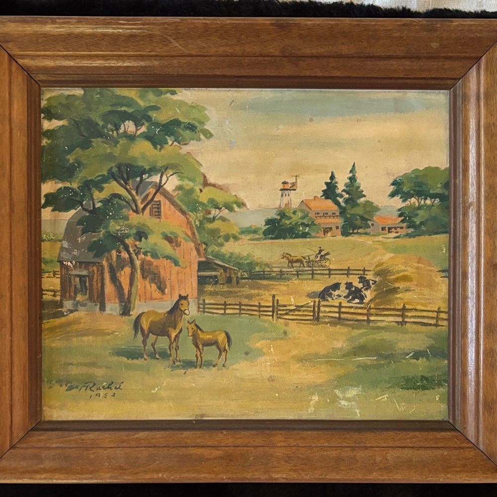 Rachel 1952 hand painting Rustic Farmhouse Landscape Painting with Horses